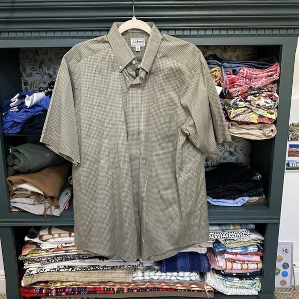 LL BEAN SHORT SLEEVE SHIRT OLIVE PLAID LIGHTWEIGHT COTTON MENS Sz 16/34